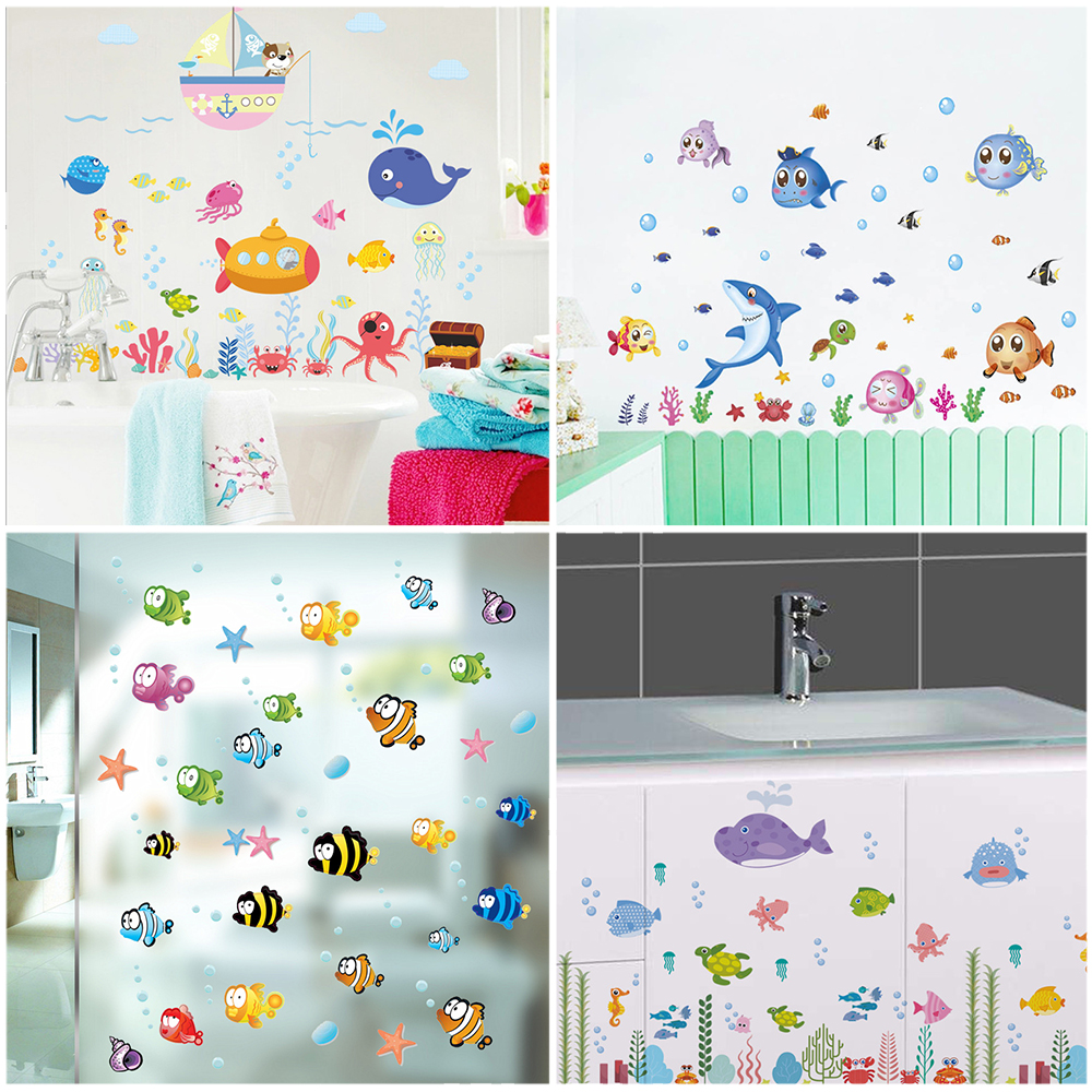 Home Bathroom Wall Tiles - Cute Fishes Whale Shark Sealife Bubble
